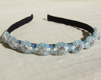 Sky blue luxury headband, embroidered rhinestone beads, embellished  hair accessory