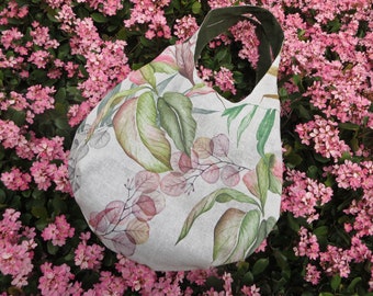 Large tote bag, oversize leaves print, grey, green, pink, hobo bags