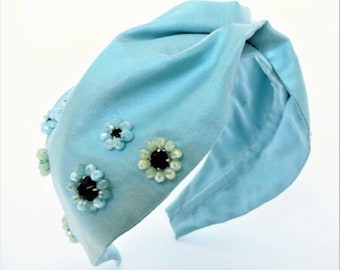 Light blue silk headband embroidered, Bon Ton Chic style