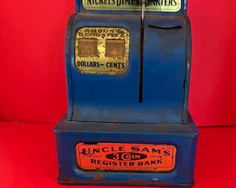 Vintage Blue Uncle Sam's Trade Mark 3 Coin Register Bank Western Stamping Made In Hong Kong