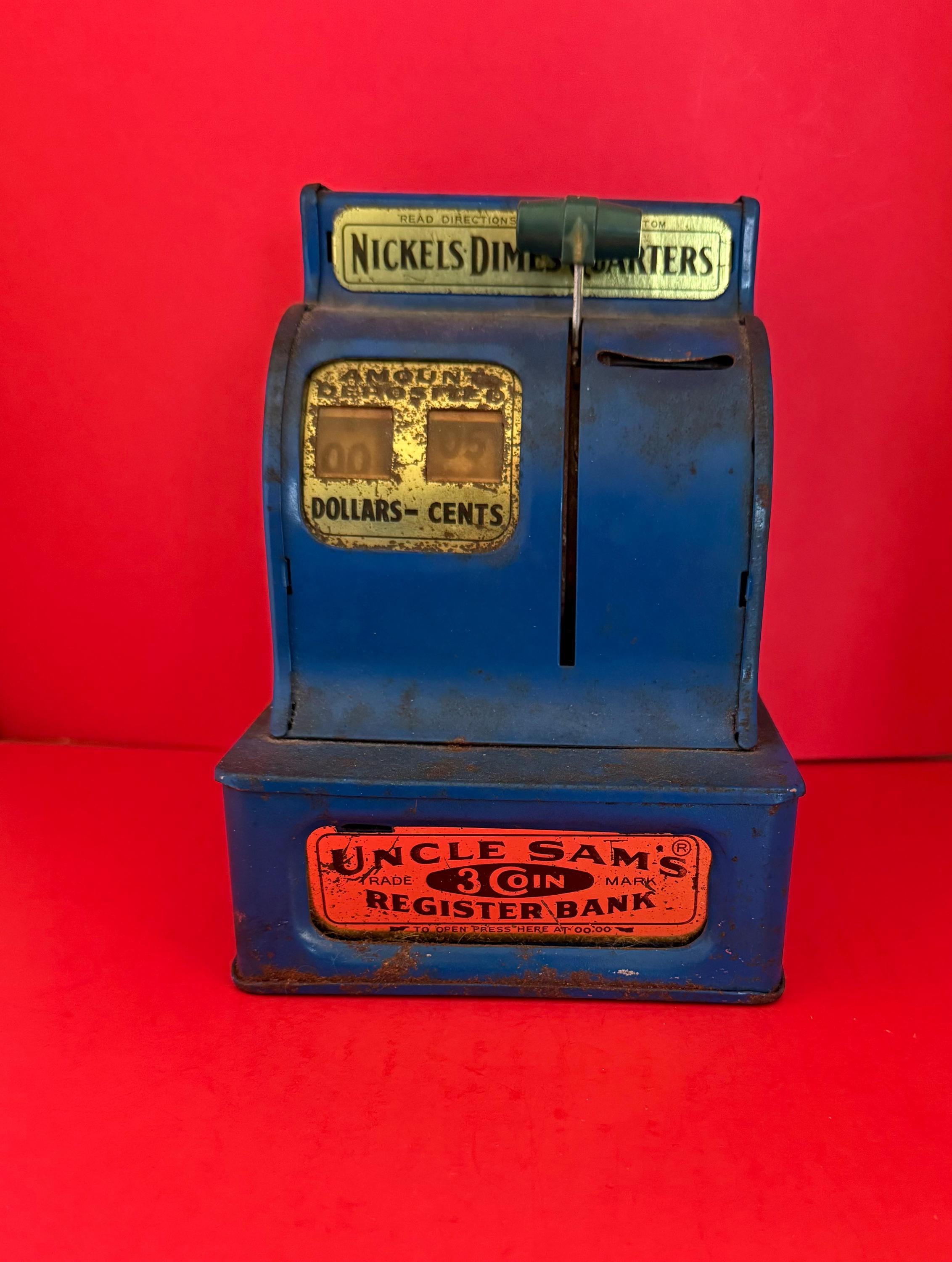 Vintage Blue Uncle Sam's Trade Mark 3 Coin Register Bank Western