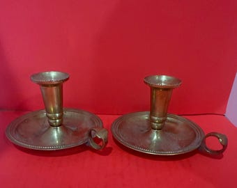 Vintage Solid Brass Chamberstick Candle Holder Pair – Antique Style Handheld Candle Holder 3” Tall 5.5” Wide Brass Decor