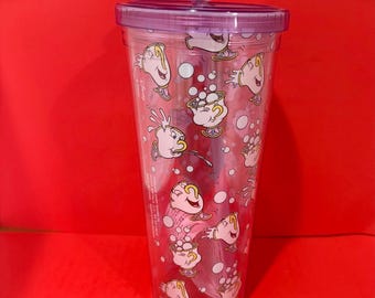 Disney Beauty and the Beast Cold Cup – 24 oz Silver Buffalo Plastic Tumbler with Lid & Straw Topper, Character Chip Drink Cup