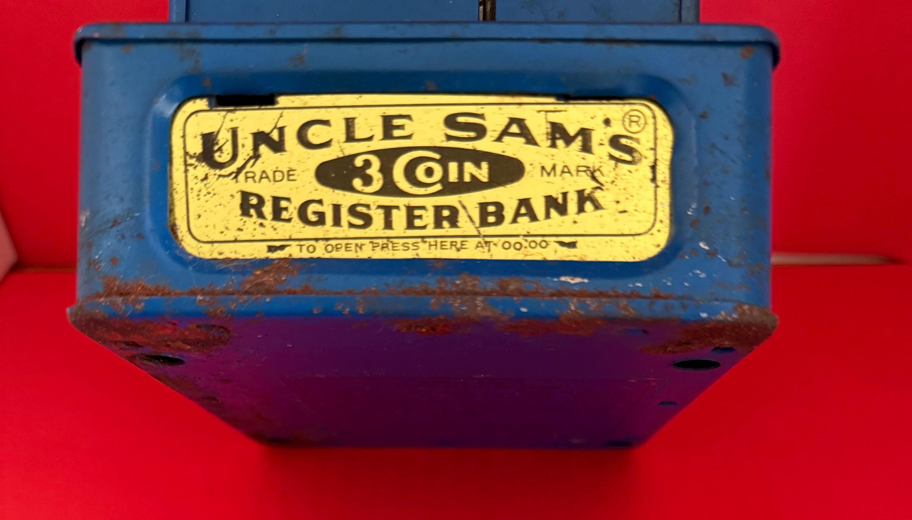 Vintage Blue Uncle Sam's Trade Mark 3 Coin Register Bank Western