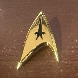 Op de afbeelding: Een goudkleurige, driehoekige pin met een zwart ster-embleem. De pin heeft een gepolijst, reflecterend oppervlak en een klassiek ontwerp. Het is waarschijnlijk een verzamelobject of fanartikel.