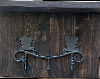 Handmade Reclaimed Wood Coffee Mug Holder | Wall Mounted Rustic Cup Rack with Shelf & 3 Hooks | Farmhouse Kitchen Decor
