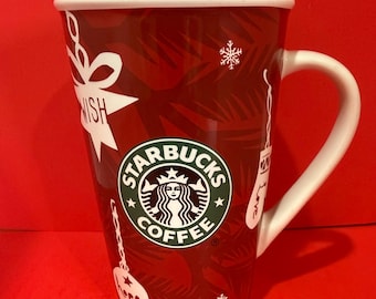 Starbucks 2009 Holiday Red Bone China Mug 16 oz Christmas Coffee Cup Tall Vintage Seasonal Collectible Drinkware