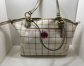 Coach F21364 Peyton Tattersall Large Pocket Cream Plaid Coated Canvas Tote