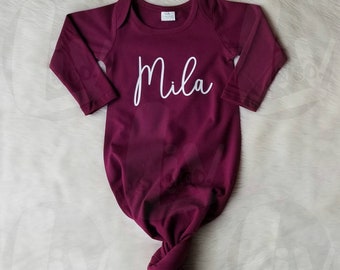 Personalized Infant Newborn Baby Boy Girl Knot Tie Gown Outfit Gift Many Colors!