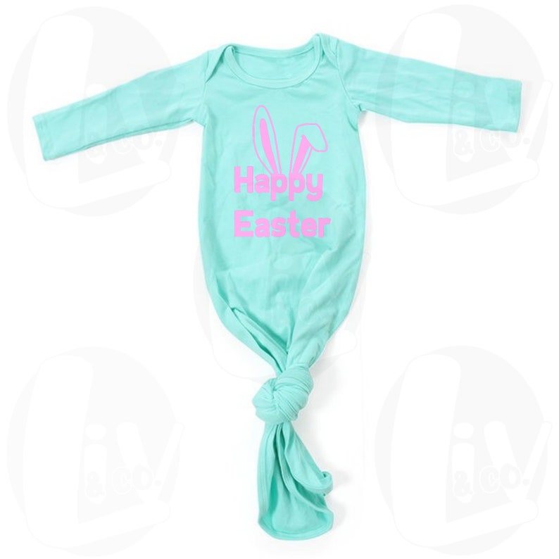 Baby Easter Outfit Knotted Gown Tie Baby Gown Happy Easter Outfit Girl Easter Clothes Easter Bunny Baby Shower Gift Newborn Gift Liv /& Co.\u2122