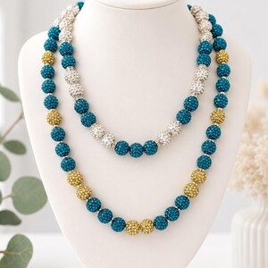 Teal Shamballa Necklace, Sparkly Rhinestone Beaded Statement Jewelry
