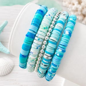 Ocean Heishi Bracelet Stack, Set of 3 Clay Bead Stretch Bracelets, Beach Jewelry