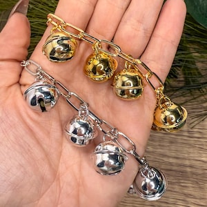 Könnte beinhalten: Zwei Ketten mit kleinen Glocken, eine goldfarbene und eine silberfarbene, werden gezeigt. Die Glocken sind rund mit einem Schlitz und an einer Kette befestigt. Der Hintergrund umfasst Grün und eine Holzoberfläche.