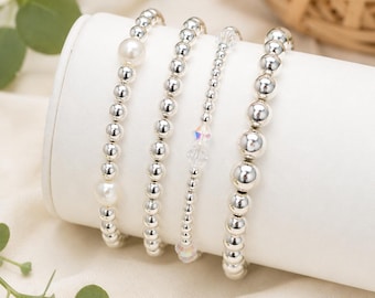 925 Silver Filled Beaded Bracelet, Pearl or Crystal Accent, Stretchy Stacking Jewelry