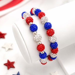 Red White Blue Sparkle Shamballa Bracelet, Patriotic 4th of July Bling Jewelry, USA Pride Crystal Bead Stack, Summer Holiday Party Fashion