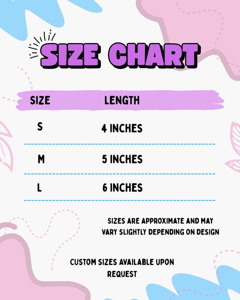 以下が含まれることがあります： 紫色の「SIZE CHART」という文字が入ったサイズ表。サイズS、M、Lと、それぞれ10 cm、13 cm、15 cmの長さが表示されています。「SIZES ARE APPROXIMATE」というテキストも含まれています。