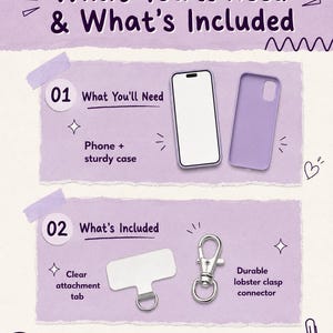 以下が含まれることがあります： 「What You'll Need & What's Included」というテキストが入った紫色のグラフィック。画像には、携帯電話、紫色の携帯電話ケース、透明なアタッチメントタブ、ロブスタークラスプコネクタが表示されています。テキストには「ほとんどの携帯電話モデルに対応」とも書かれています。