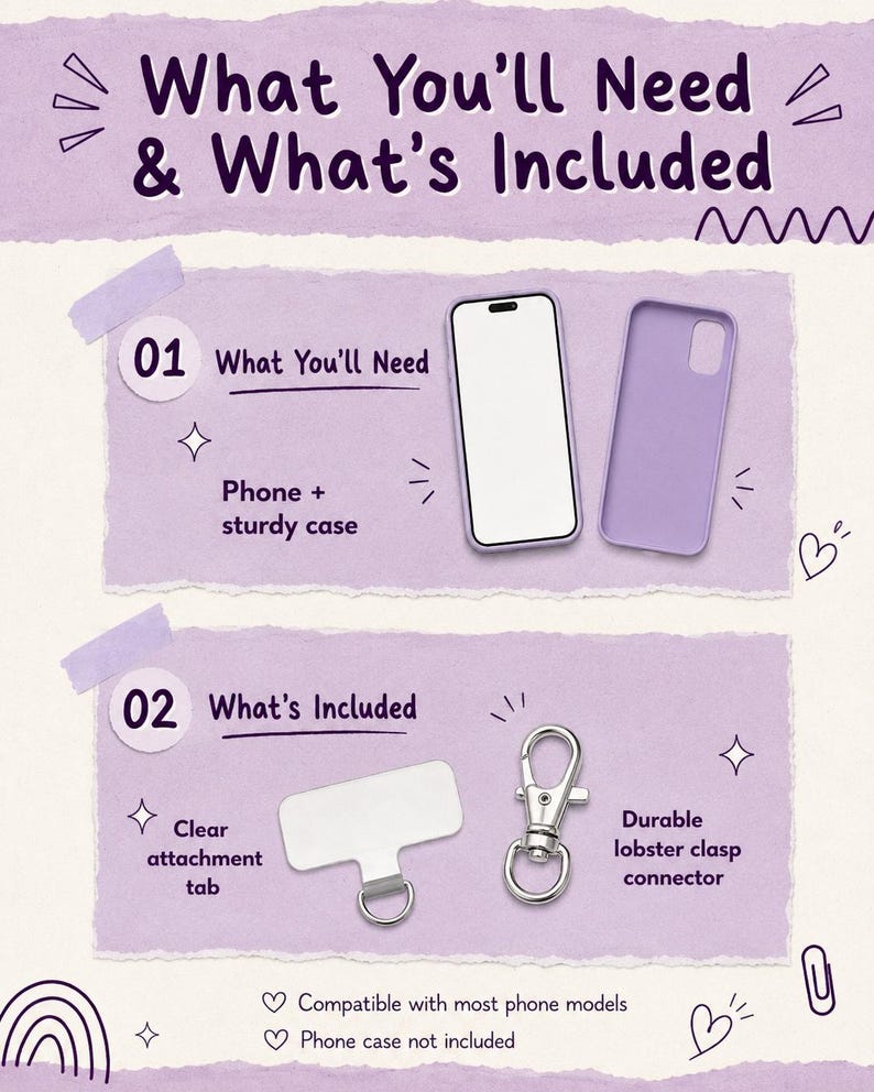 以下が含まれることがあります： 「What You'll Need & What's Included」というテキストが入った紫色のグラフィック。画像には、携帯電話、紫色の携帯電話ケース、透明なアタッチメントタブ、ロブスタークラスプコネクタが表示されています。テキストには「ほとんどの携帯電話モデルに対応」とも書かれています。