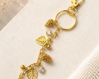 Gold Pine Cone Leaf Keychain, Woodland Nature Bag Charm, Autumn Purse Accessory