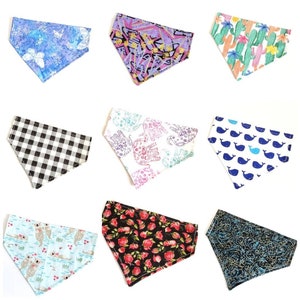 Handmade Cat Bandanas Fits Over Collar Pick a Pattern, Slide On Bandana with Opt Name Personalization, Cat Accessories, Butterfly Cactus