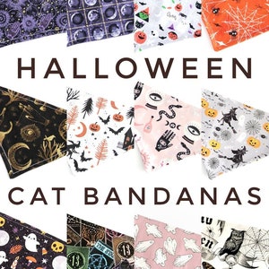 Cool Halloween Cat Bandanas, Pick a Pattern, Made for Cats, Kitten Bandana, Opt Name Personalization, Witches Ghosts Tarot Spooky Spiders