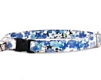 Blue Floral Cat Collar with Bell, Safe Breakaway Clasp, Adjustable to Fit Small Kittens to Large Cats, Washable Lightweight Cotton Fabric