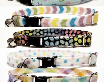 Easter Breakaway Cat Collars for Spring, Small Kitten to Large Cat Size, Tag Ring for Bells & Charms, Bunny Eggs Plaid Carrots Floral