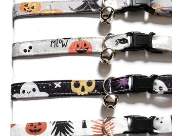 Collar para gato de Halloween, cierre de seguridad, calabazas espeluznantes, fantasmas, brujas, ajustable, de tela de algodón.