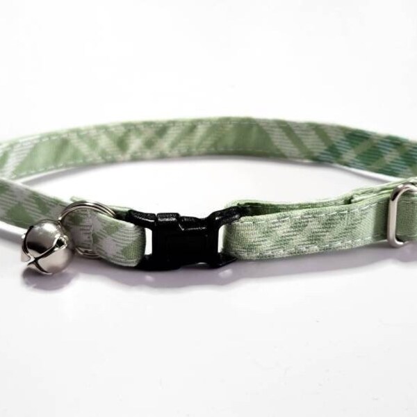 Adjustable Breakaway Cat Collars with Green Plaid Stripes - Includes Tag Ring for Bell Charm - Fits Small Kitten Large Cat - Washable Collar