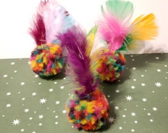 Feather Ball Cat Toys Set of 3 Catnip Feathers, Pom Pom Cat Toy, Kitten Toys, Catnip Free Toy, Bell Cat Toy, Cat Fetch Toy, Kitten Toys