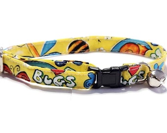 Breakaway Cat Collars "Yellow Bugs" Kitten Collar Size Available, Cute Cat Collar, Quick Release Safety Cat Collar