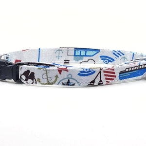 Ships Ahoy Nautical Cat Collar with Bell, Fits Small Kittens to Large Cats, Safe Breakaway Cat Collar, Ships Anchors Pirates Ocean Theme