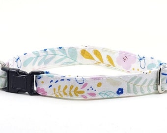 Nature Cat Collar with Bell, Ferns & Flowers, Adjustable Breakaway Collar for Small Kittens to Large Cats, Cute Pastel Floral Collar