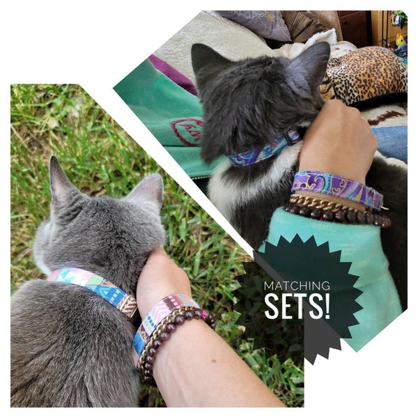 Cat Collar Matching Sets Pick a Design Friendship Bracelet Collars for Cats - Matching Bracelet or Keychain Wristlet - New Kitten Collar