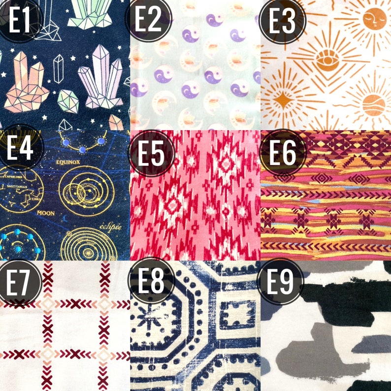 May include: A collection of nine fabric swatches with various patterns. The swatches include designs with crystals, yin-yang symbols, sunbursts, celestial maps, geometric shapes, and abstract patterns in a range of colors including blue, pink, and white.