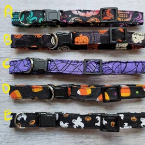 May include: Five Halloween-themed dog collars with black plastic buckles and metal D-rings. The collars feature various patterns, including skulls, pumpkins, spiderwebs, candy corn, and ghosts. Each collar is a different design, perfect for the spooky season.