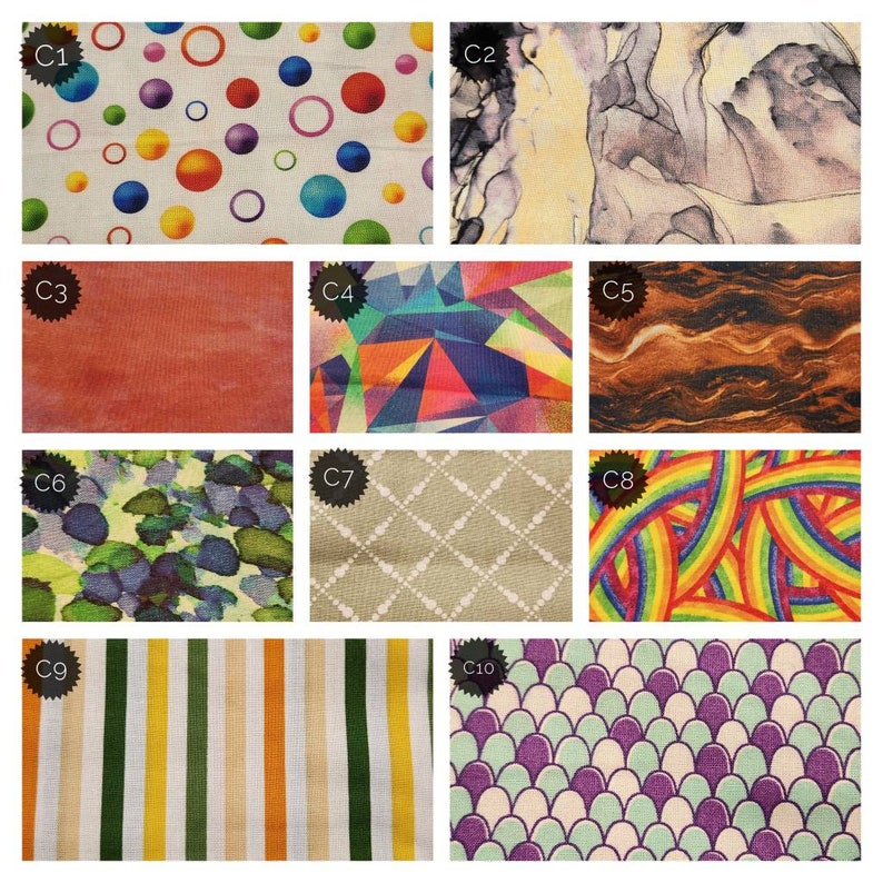 K&ouml;nnte beinhalten: Eine Sammlung von zehn Stoffmustern mit verschiedenen Mustern. Die Muster umfassen bunte Punkte, abstrakte Aquarelldesigns, geometrische Formen und Streifenmuster. Die Farbpalette reicht von leuchtenden Regenbogenfarben bis hin zu Erdt&ouml;nen.