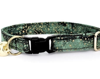 Space Green Cat Collar with Gold Sparkle, Tag Ring for Bell & Charms, Small Kitten to Large Cat Collars Size Available, Starry Night Greens