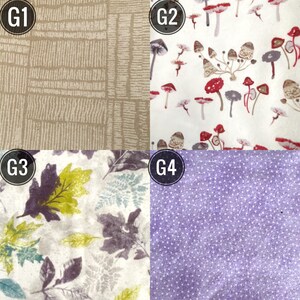 May include: Four fabric swatches with different patterns. G1 features a beige grid design. G2 showcases a white background with red, brown, and gray mushroom illustrations. G3 displays leaves in green, purple, and blue. G4 is a lavender fabric with white polka dots.
