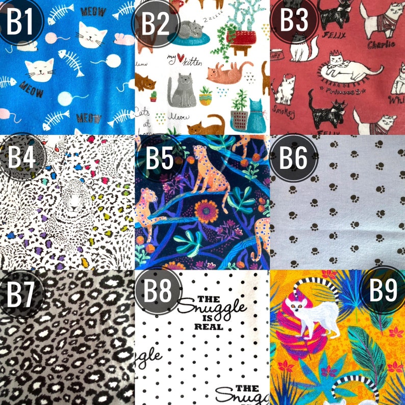 May include: A collection of nine fabric swatches with various patterns. Designs include cats, leopard spots, paw prints, and floral arrangements. Some swatches feature text like "MEOW" and "The Snuggle is Real."
