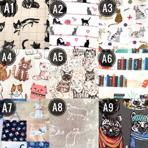 May include: A collection of fabric swatches featuring various cat-themed patterns. Designs include playful cats with yarn, cat portraits, and cat silhouettes. Colors range from neutral tones to vibrant hues, suitable for crafting or home decor projects.