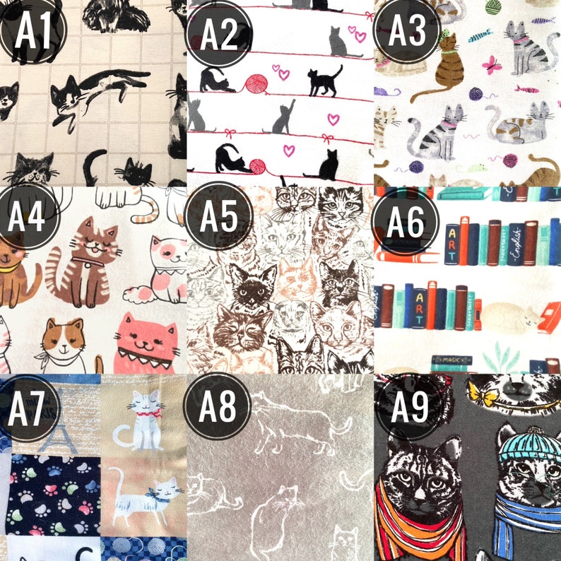 May include: A collection of fabric swatches featuring various cat-themed patterns. Designs include playful cats with yarn, cat portraits, and cat silhouettes. Colors range from neutral tones to vibrant hues, suitable for crafting or home decor projects.