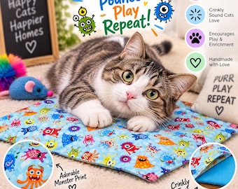 Crinkly Catnip Cat Mat Toy, Cute Aliens & Monsters, Padded Cat Bed, Refillable Toys for Kittens