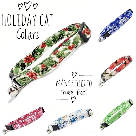 Christmas Cat Collars, Pick a Pattern,  Cotton with Bell, Adjustable Fit Pet Accessory