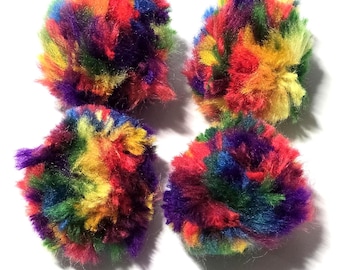 Rainbow Pom Pom Cat Toyss, Set of 4 Balls, Tropical Yarn Balls with Bell, Fetch Play Set