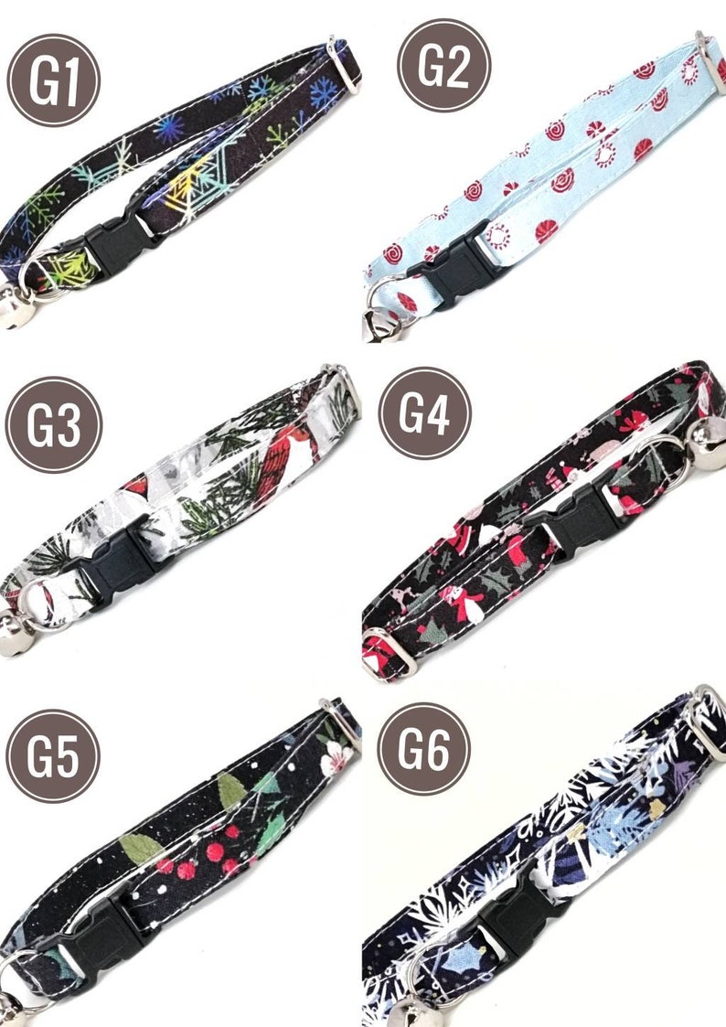 K&ouml;nnte beinhalten: Sechs Katzenhalsb&auml;nder mit verschiedenen festlichen Mustern. Designs umfassen Schneeflocken, Zuckerstangen und Blumenarrangements. Jedes Halsband hat eine schwarze Kunststoffschnalle und eine silberne Glocke.