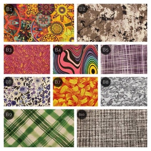 K&ouml;nnte beinhalten: Eine Sammlung von zehn Stoffmustern mit verschiedenen Mustern. Designs umfassen florale, abstrakte Pinselstriche, geometrische Formen und Karos. Die Farben reichen von leuchtenden Gelb- und Oranget&ouml;nen bis hin zu ged&auml;mpften Gr&uuml;n- und Lilat&ouml;nen.