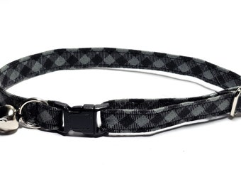 Black Plaid Cotton Cat  Collar with Bell, Adjustable Fit Small to Large Cats