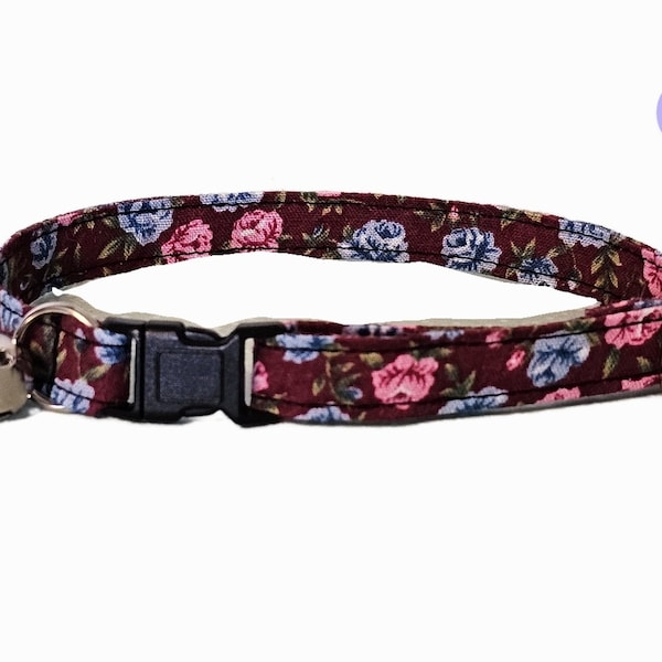 Maroon Rose Breakaway Cat Collar, Tag Ring for Bell & Charms, Small Kitten to Large Cat Collar Size Available, Red Blue Roses Summer Vibes