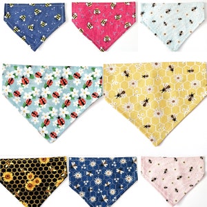 Bees & Ladybugs Cat Bandana, Pick Pattern, Opt Name Personalization, Slides Through Collar, Nature Cat Collar, Honeybees Nature Cute